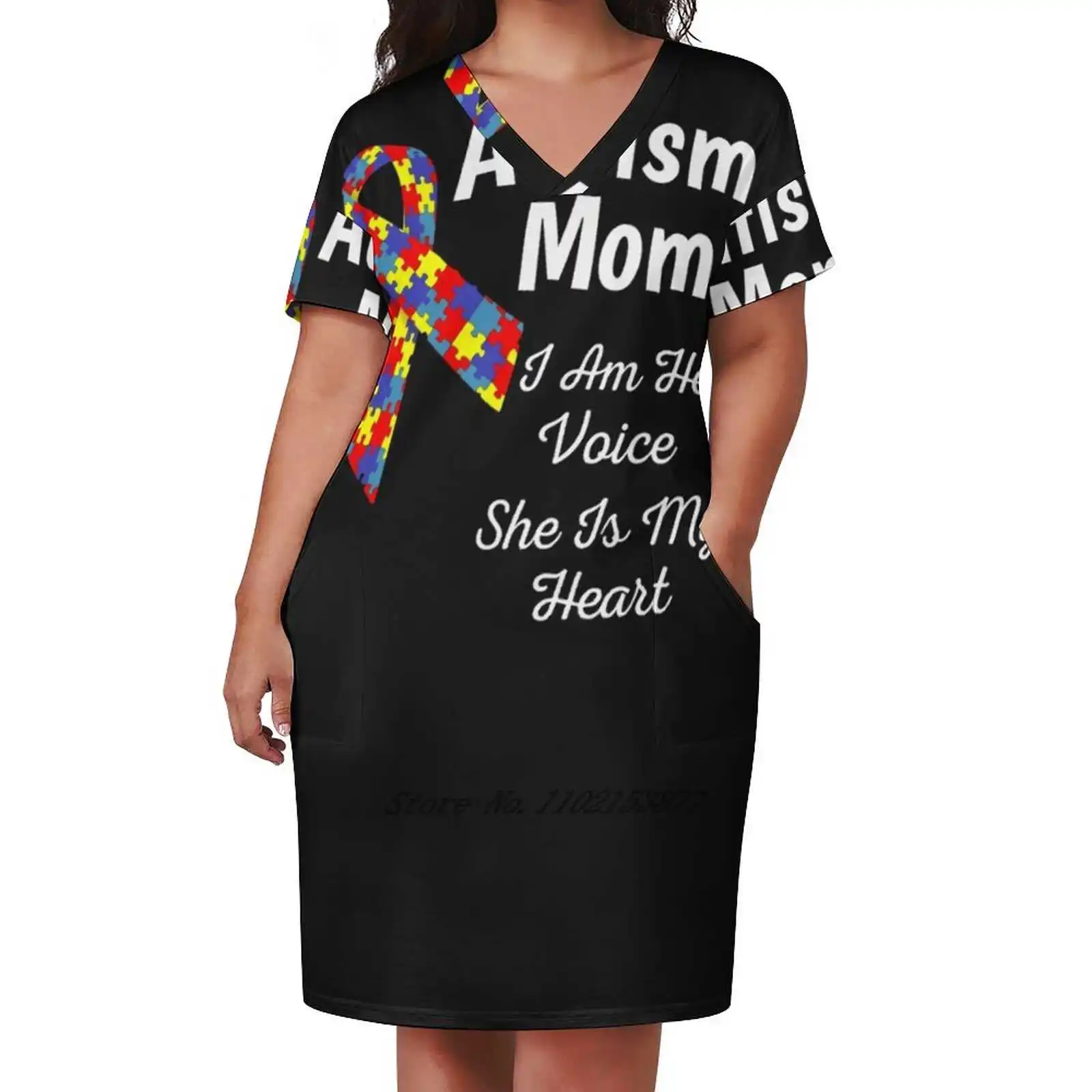 

Autism Mom I Am Her Voice She Is My Heart Loose Pocket Dress Summer Sexy V Neck Dress Print Short Sleeve Dress Autism Awareness