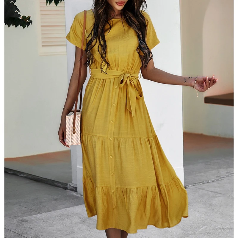 

Spring New Bandage Dress Women Casual Short Sleeve High Waist Dress for Women Elegant Slim Summer Dress