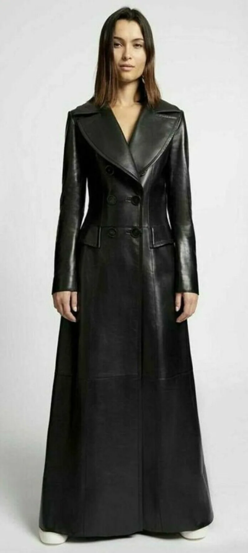 Women Leather Dress Genuine Leather Long Trench Overcoat Dress Genuine Leather