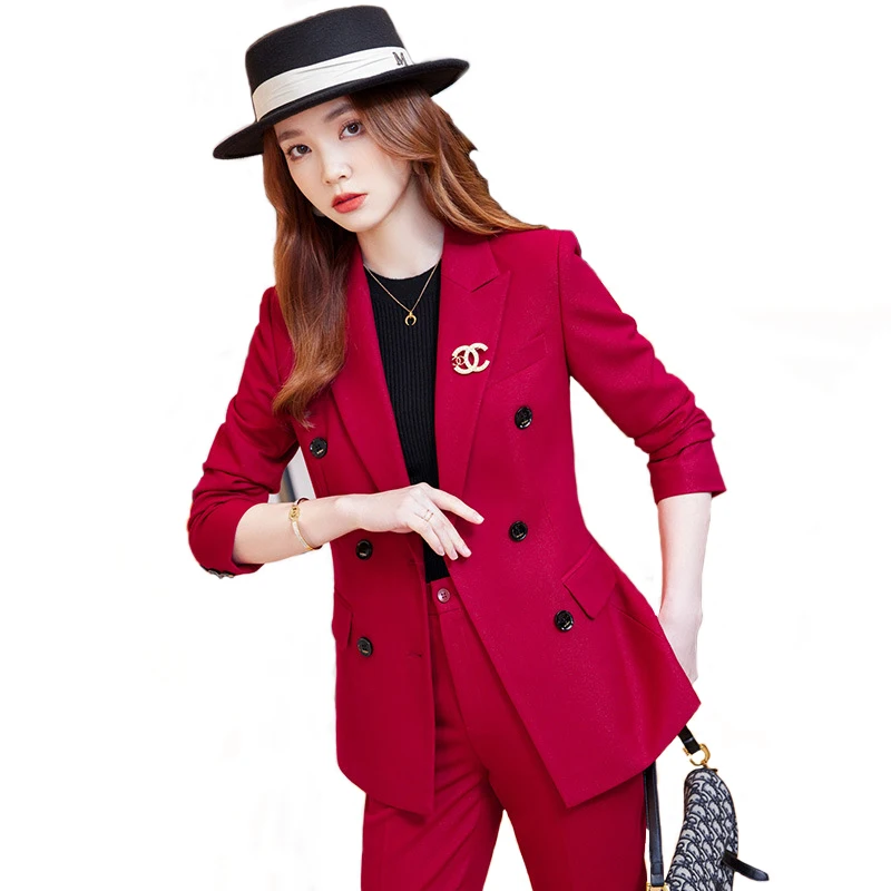 Wine Red Suits Women 2022 New High End Professional Temperament Fashion Formal Slim Blazer And Pants Office Ladies Work Wear