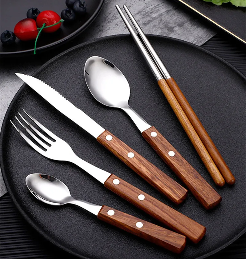 

Wooden Handle Cutlery Set Western Stainless Steel Steak Knife Fork Spoon Chopsticks Tableware Vintage Dinnerware Kitchen Utensil