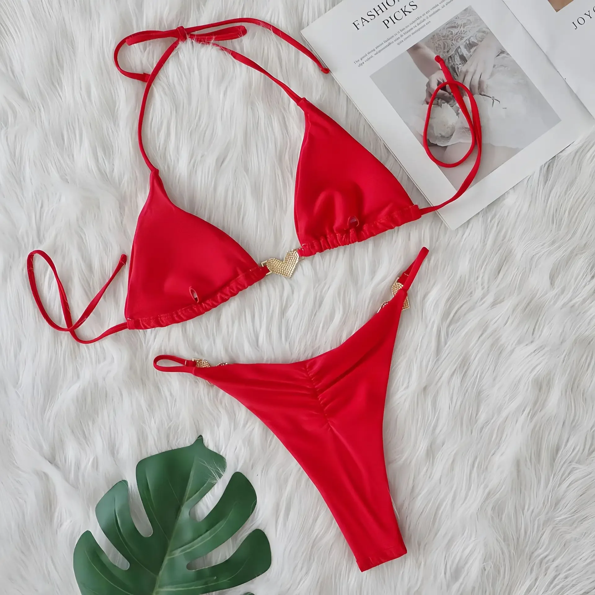 Холтер с бриллиантами и сердечками бикини высоким вырезом женский купальник