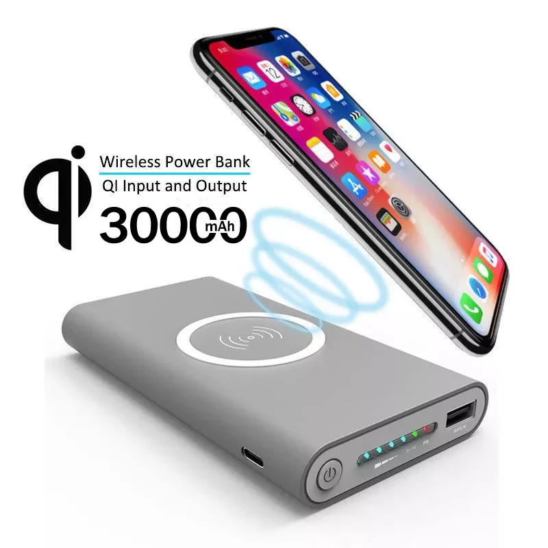 

Top. Power Bank 30000mAh Wireless Charger External Battery Fast Charging USB Port Power Bank for Phone Micro USB Cable As Gift