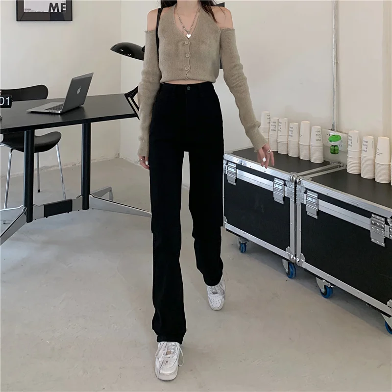 

DD2851 The new black high-waist slim stretch jeans women's small loose and versatile straight-leg jeans