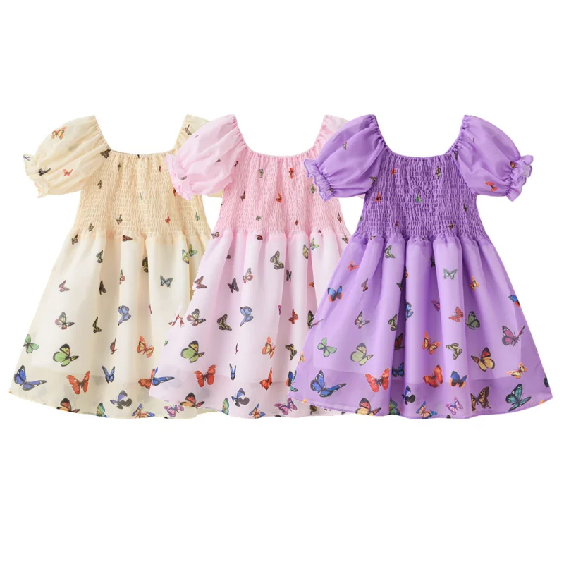 

2022 New Summer Sweet Girls Dress Color Butterfly Princess Dress Super Fairy Puff Sleeve Children Girl Slim Dress 2-6Yrs