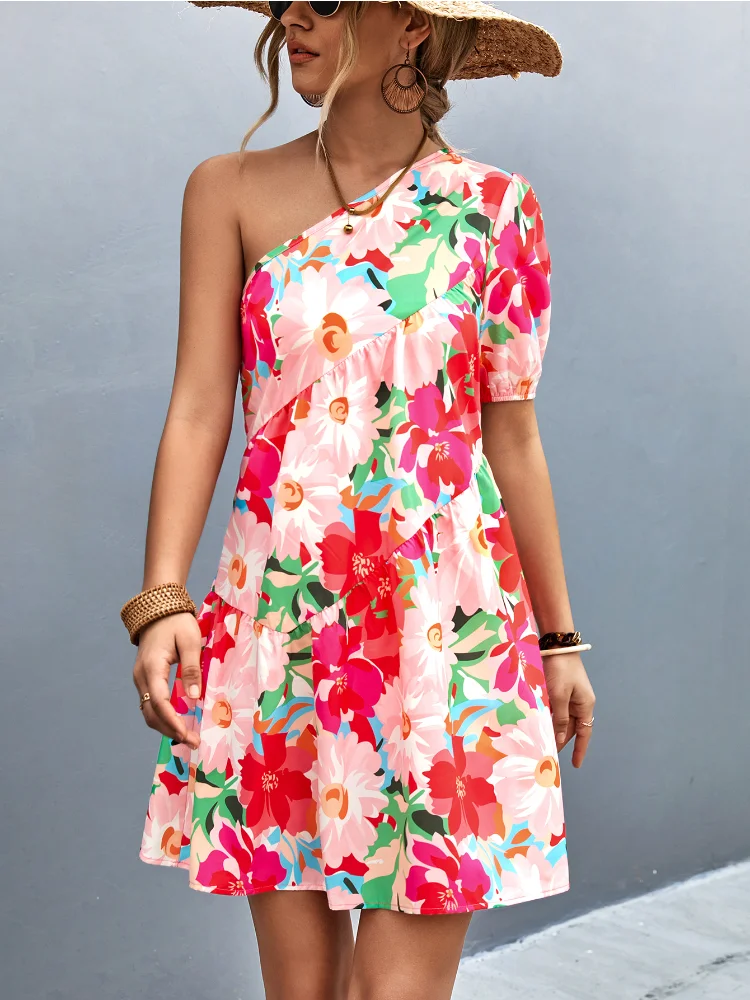 

Women Summer Print Floral Short Mini Dress Elegant Casual Fashion Office Lady Streetwear One Shoulder Sleeveless Dress New 2023