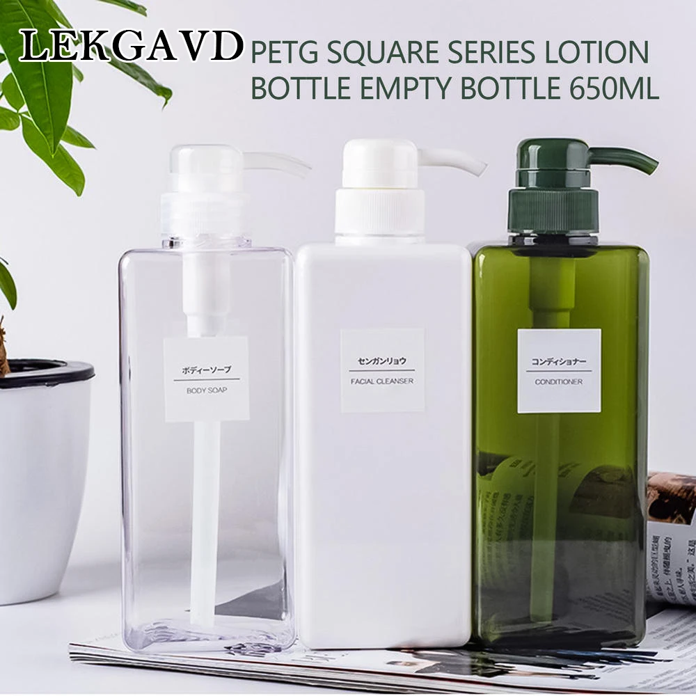 

650ML Plastic Empty Pump Dispenser Shower Shampoo Square Bottle Gel Lotion Soap Refillable Bottle Clear Container Large Size
