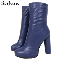 Sorbern Navy Blue Ankle Boots Unisex Round Block High Heels Custom Chunky High Heel Women Booties Shoes Custom Size Eu33-48