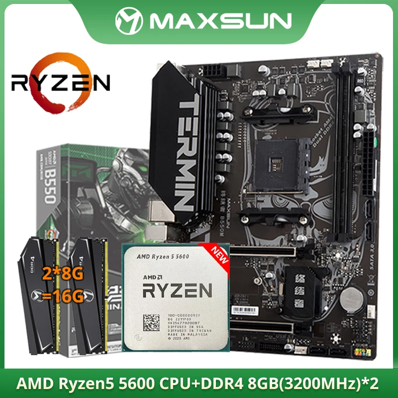 MAXSUN Gaming Motherboard Set Terminator B550M CPU AMD Ryzen 5 5600 6 Core 12 Thread PCIE4.0 DDR4 8GB 3200MHz RAM M.2 SATA3