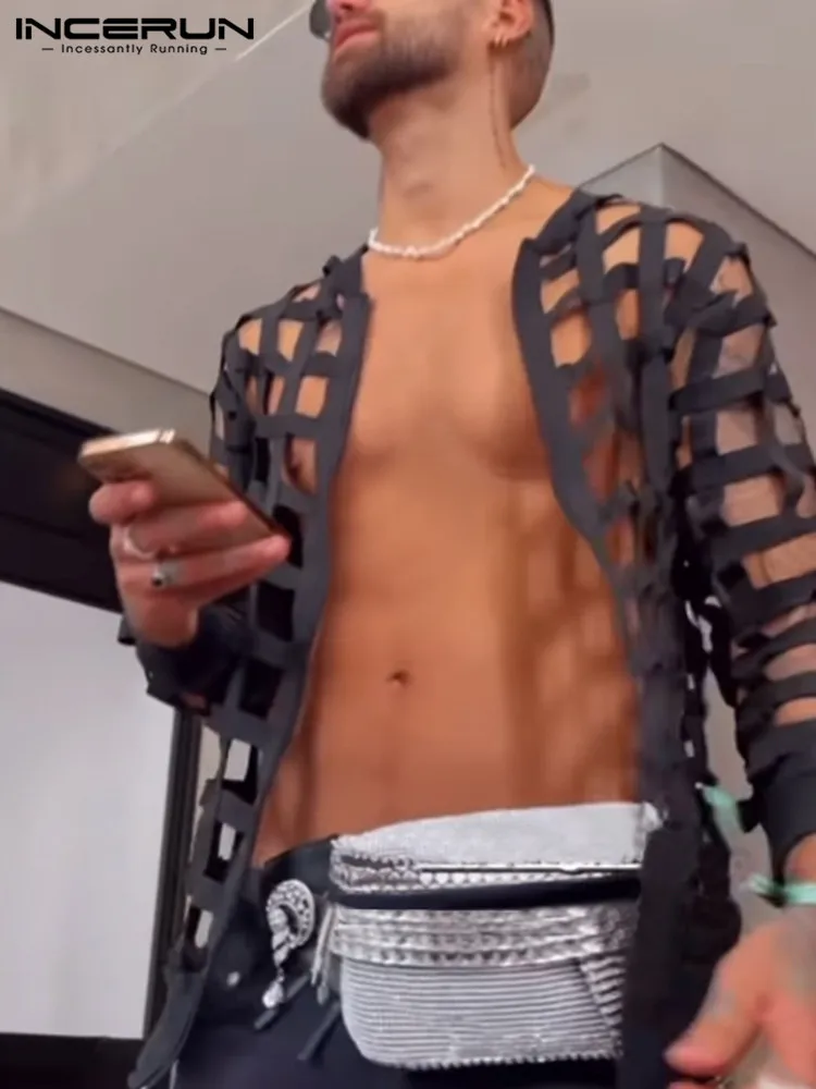 

Рубашка INCERUN Мужская однотонная, прозрачная пикантная блузка на молнии, с круглым вырезом и длинным рукавом, уличная одежда, 2022 искусственна...