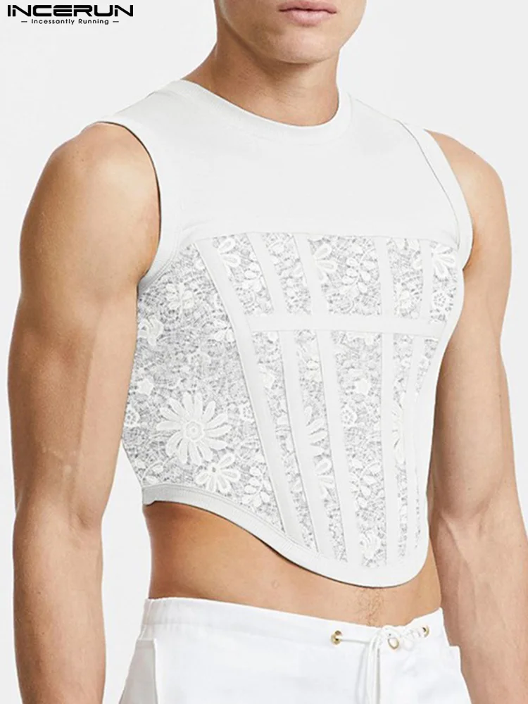 

Men's Lace Panel Stretch Waistcoat Fashion Stylish Male Sexy Party Wear Curved Hem Sleeveless Tank Tops S-5XL INCERUN Tops 2022