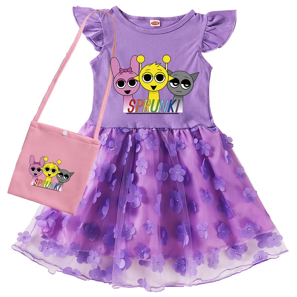 Sprunkis Lovely Cartoon Printed Fly Sleeves Yarn Skirt for Kid Girls Game Beat Boxeses Kawayi Dress Party Costumes