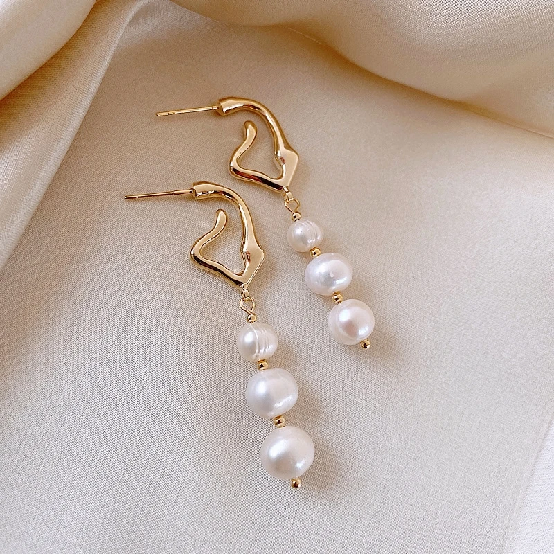 

Women 925 Silver Needle Baroque Style Irregular Natural Pearl Bead Drop Earrings Fashion French Long Metal Earrings Jewelry Gift