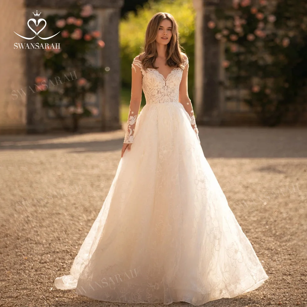 

Long Sleeve Wedding Dress 2024 Sweetheart Appliques Beaded A-Line Princess Bride Gown SwanSarah P316 Plus Size Vestido De Novia