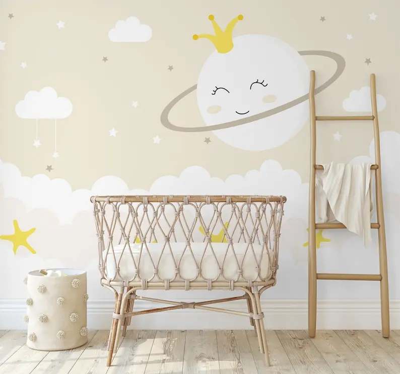 

Kids Soft Cloud Wallpaper Peel and Stick | Nursery White Cloud Wall Mural | Cute Moon with Soft Sky Wallpaper