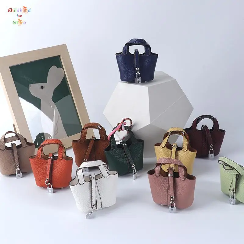 

Mini Leather Handbag Bucket Bag Coin Purse Headphone Storage Bag Keychain Pendant Dollhouse Mini Bucket Bag Handbag Decoration