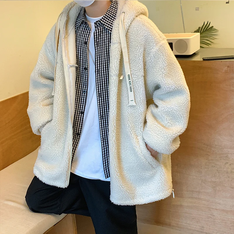 EOENKKY/Fleece Parkas Streetwear Lambswool Winter Jacket 2022 Windbreakers Hip Hop Patchwork Korean Fashions Zipper Coat