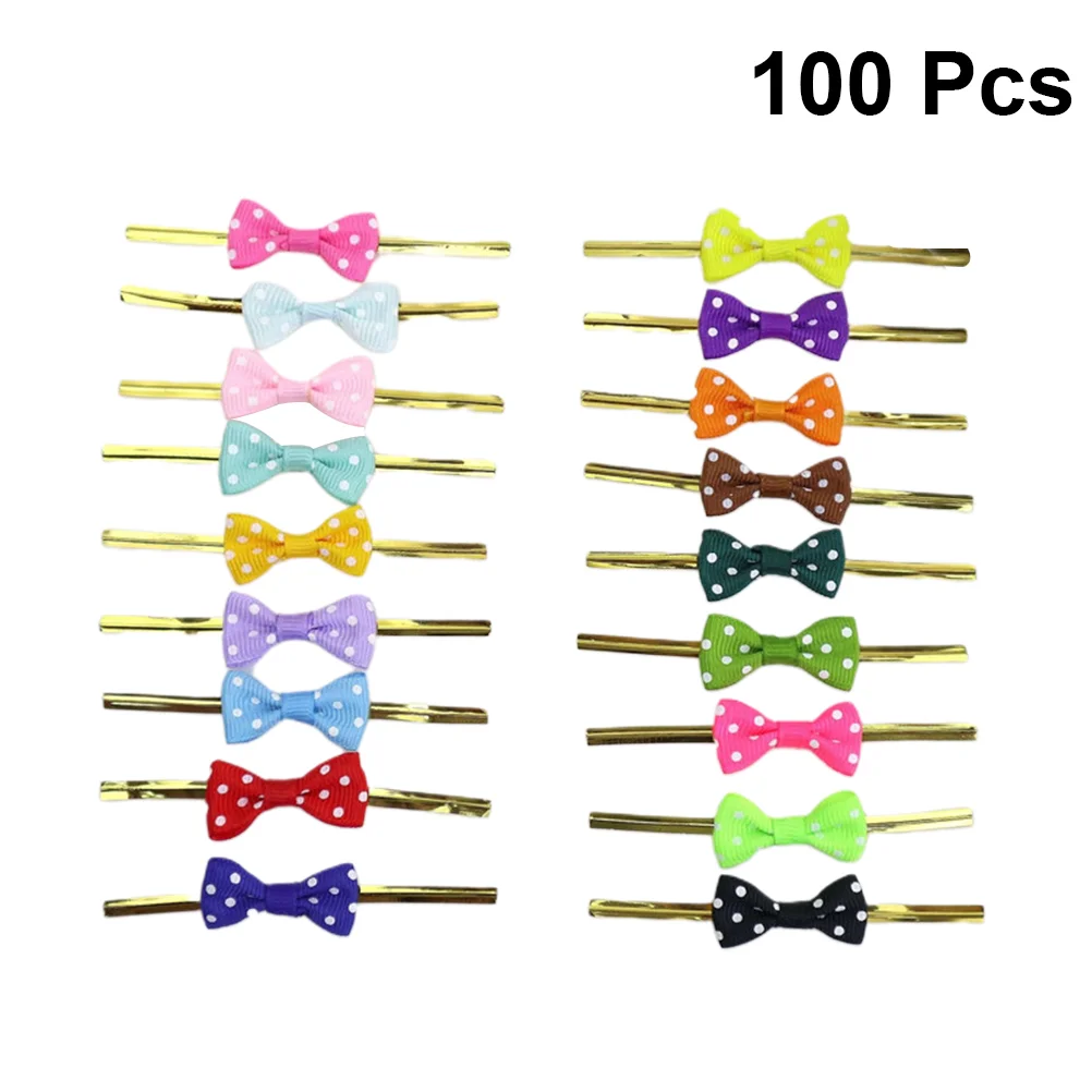 

100Pcs Ties with Dot Ribbon Bowknots Baking Packaging Ribbed Bands for Candy Bag Dessert Sealing (Mixed Color)