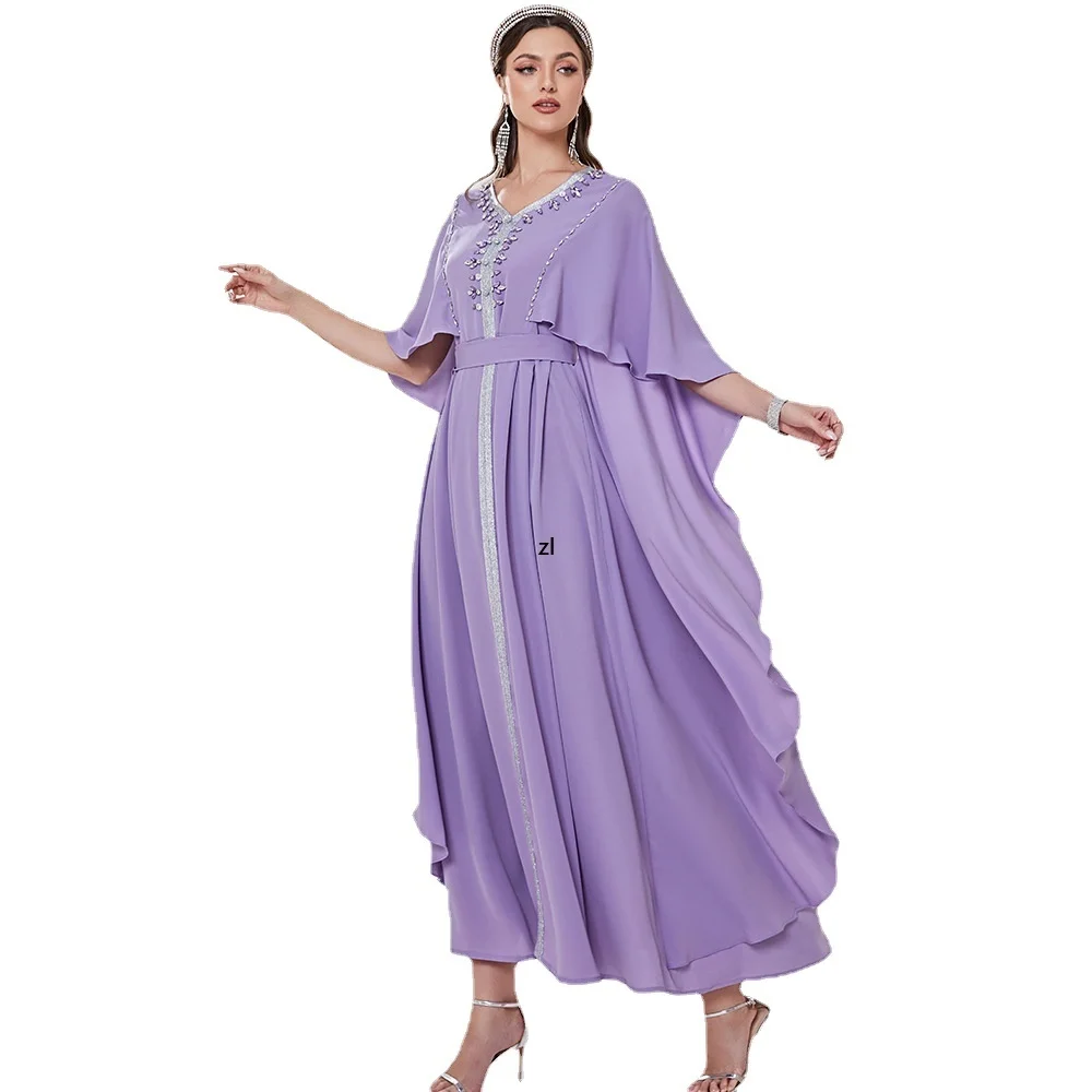 

Arabian Evening Dress Women Handsewn Rhinestones Moroccan Party Kaftan Saudi Jalabiya Muslim Dubai Gown Elegant Abaya Lavender