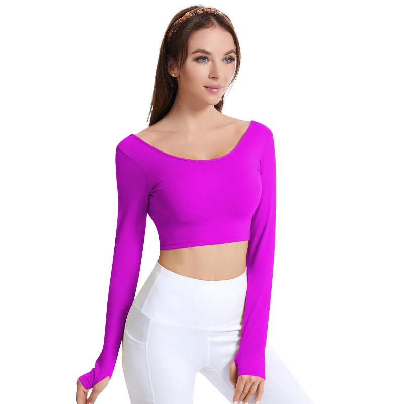 Women's Solid Color Open Back Long Sleeve Yoga Clothes Trendy Navel Cropped Track Tops Running Aerobics Fitness Sportswear New