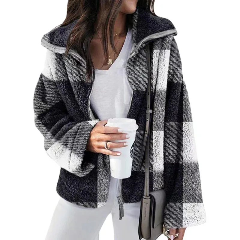 

Y2k Women Fitshinling Plaid Vintage Lambswool Winter Coat Women Checker Black White Jacket Female Zipped Up Chaqueta Mujer Coats