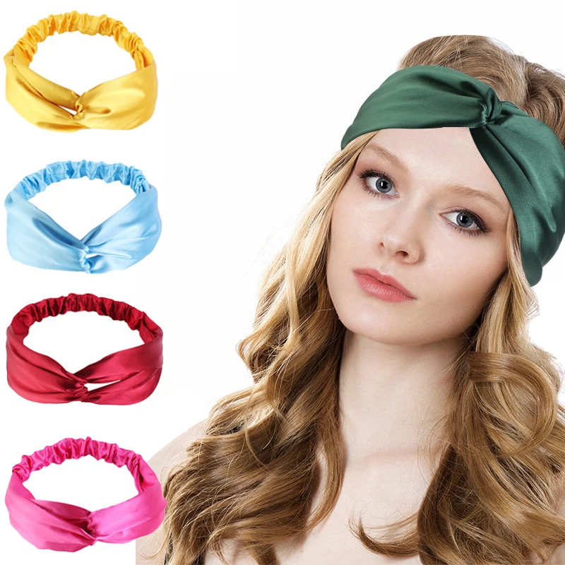 

New Silk Satin Cross Knot Headbands Soft Hairband Bandanas Women Girls Elastic Scrunchies Turban Head Wrap Sport Headwear