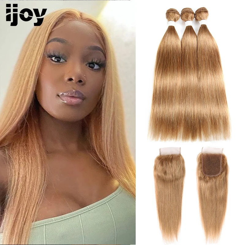 Honey Blonde Straight Bundles With Closure Brazilian Human Hair Weave Bundles With Lace Closure 3 Bundles With Closure Remy IJOY