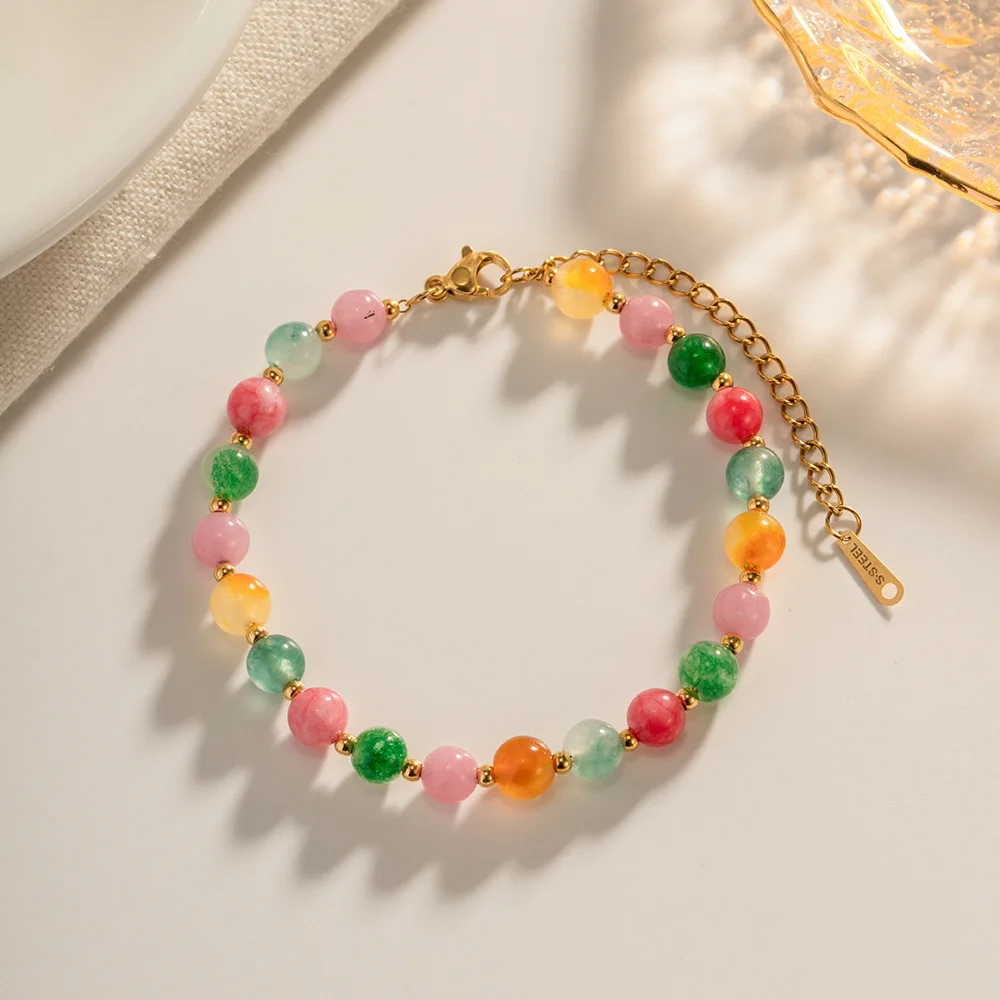 

High Quality Colorful Stone Handmade Stainless Steel Bracelet High Quality Fashion Jewelry Waterproof for Women Gift