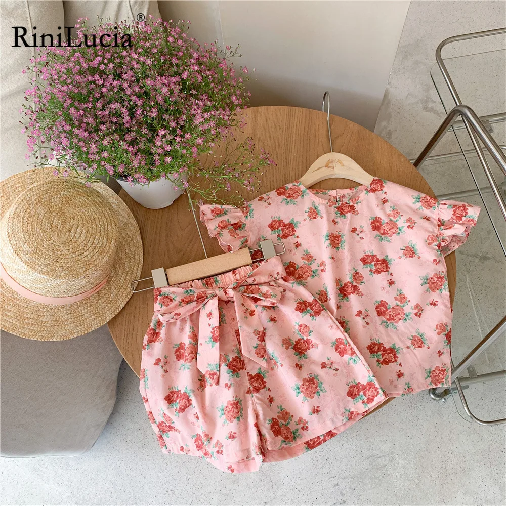

RiniLucia Baby Girl Clothes Suit Floral Short Sleeve Ruffle Top+Shorts Suits New Summer Soft Cotton Girls Clothing Sets 2pcs