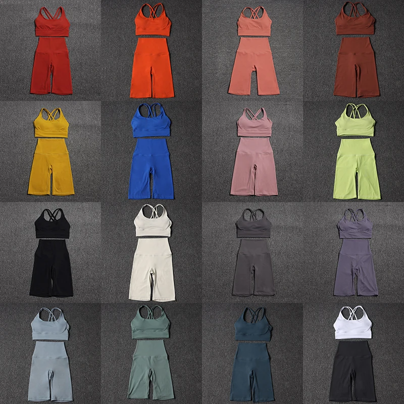 SOISOU Summer Yoga Set Two Piece Sets Womens Outifits Bra Top Women Shorts Sport Fitness Cycling Gym Sportswear Woman 45 Colors