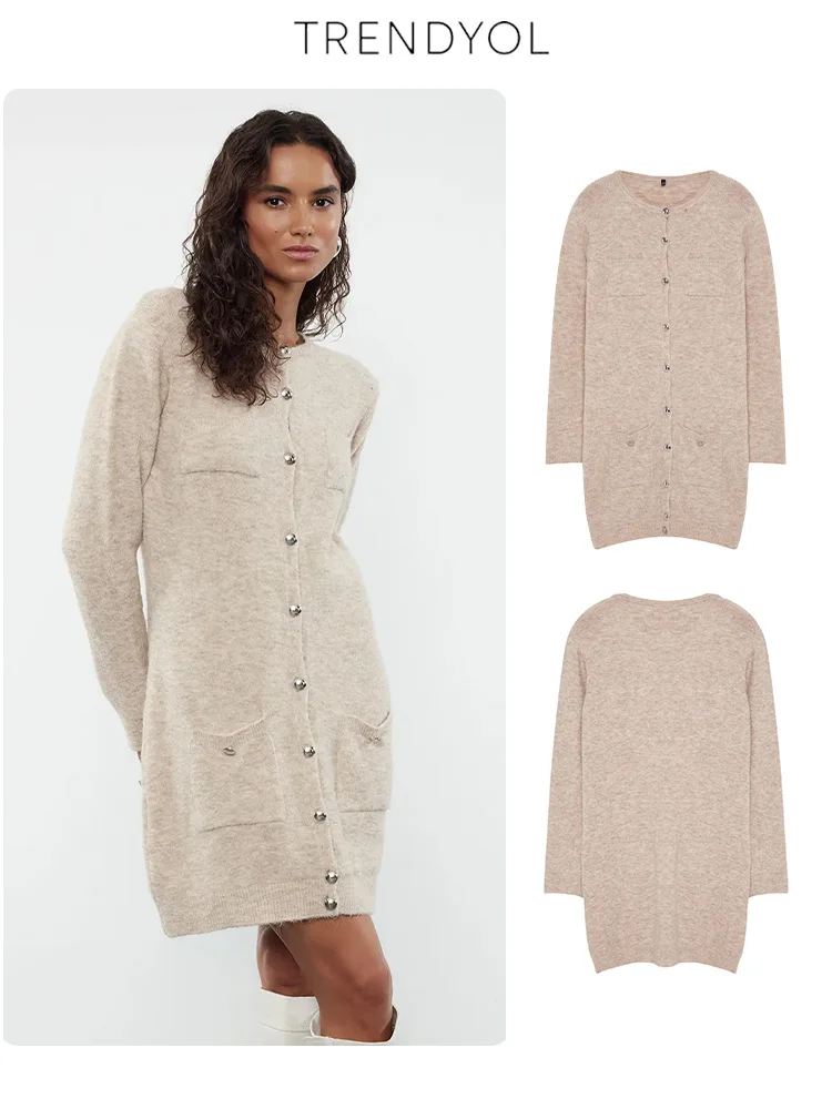 Trendyol TYZA Женские платья Regular Fit Повседневный трикотаж Однотонные с круглым вырезом