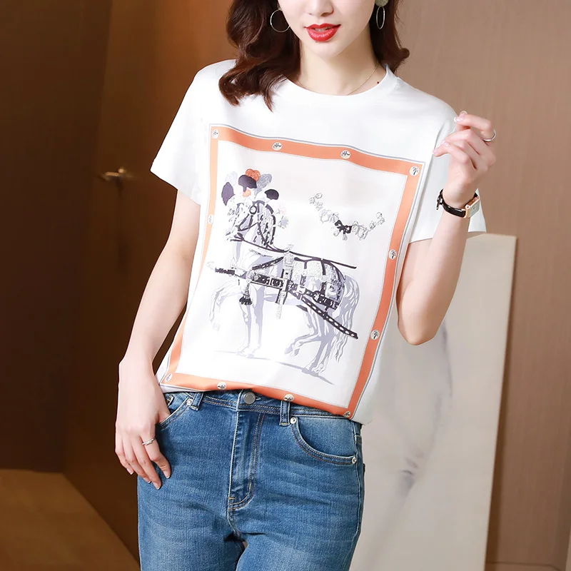 

Nylon Cotton Women's T-shirt Summer Loose Top Printing Short Sleeve Korean Fashion O-neck Tees Movafag