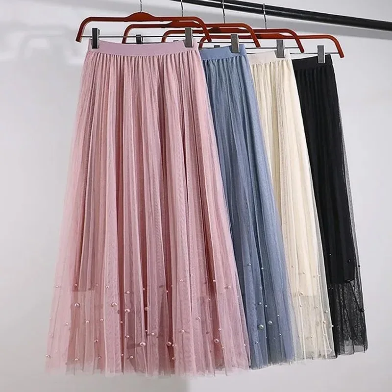 

Korean Style Fashion Maxi Long Tulle Skirt Women High Waist Summer Autumn Vintage Harajuku Pink Elastic Waist Pleated Tutu Skirt