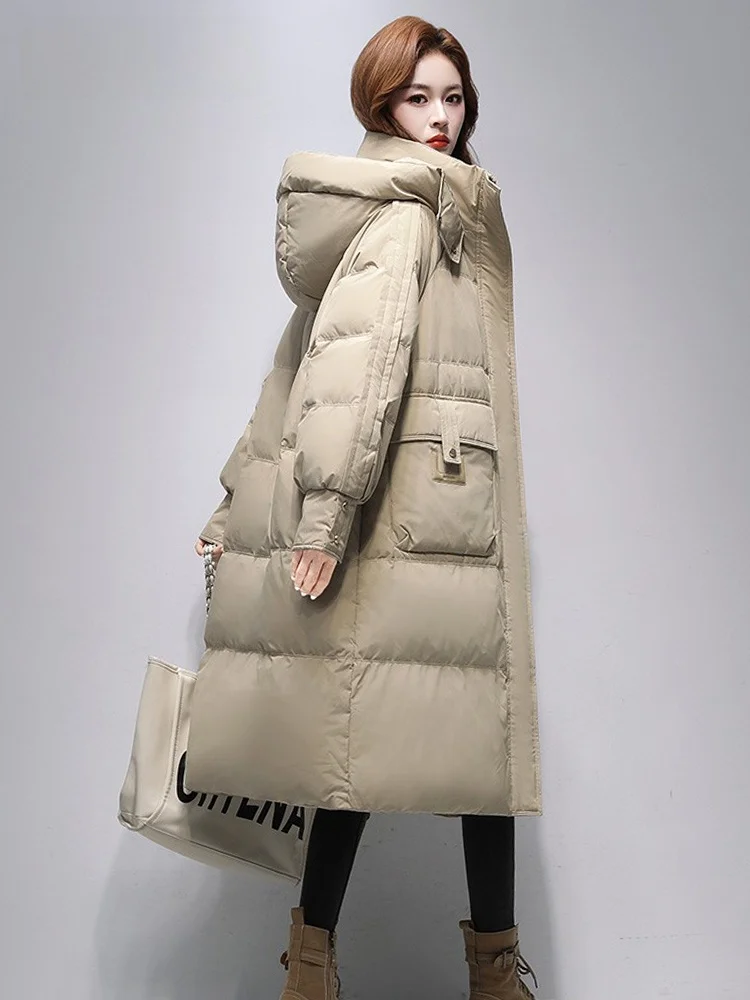 Черный пуховик Duck женский средней длины выше колена новинка 2024 зимняя брендовая