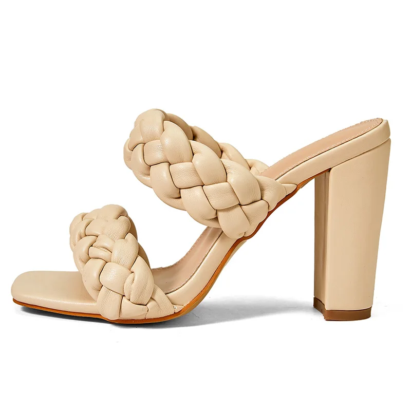 Summer Design Twist Weave Square Toe High Heels Quality Women's Slippers Gladiator Shoes Beach Womens Sandal Slides Slip On Sexy