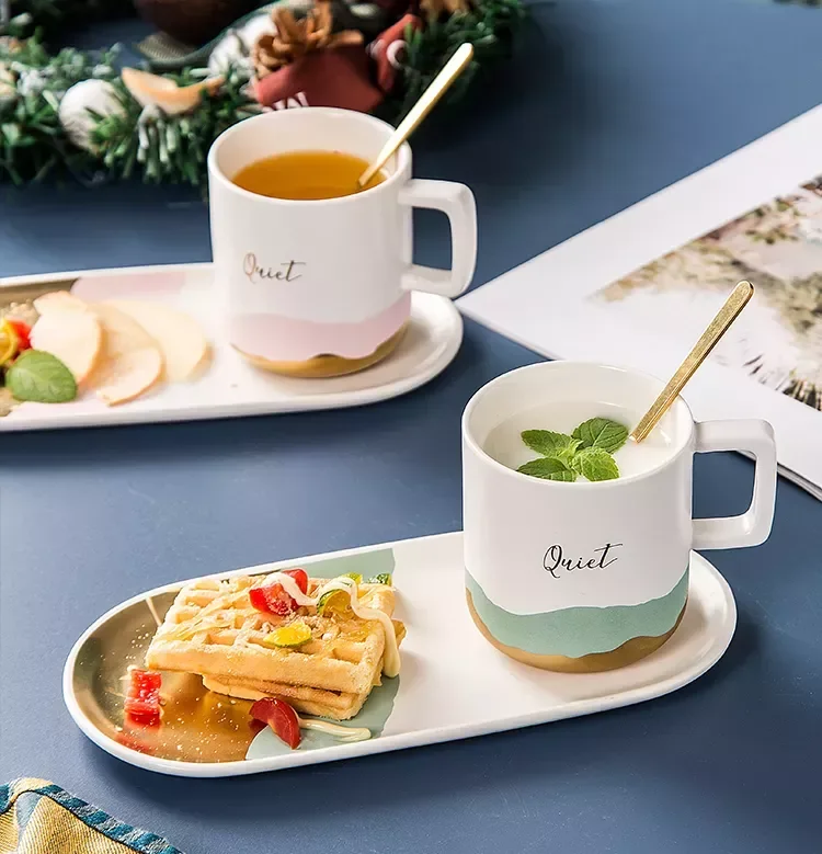 

Breakfast Plate Milk Cup and Bread Fruit Plate Set Coffee Tea Drinking Cup with Dessert Plate Spoon Afternoon Tea Drinks Cup
