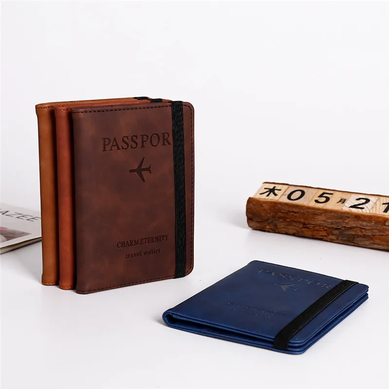 Elastic Band Leather Passport Cover RFID Blocking for Cards Travel Passport Holder Wallet Document Organizer Case Men Women