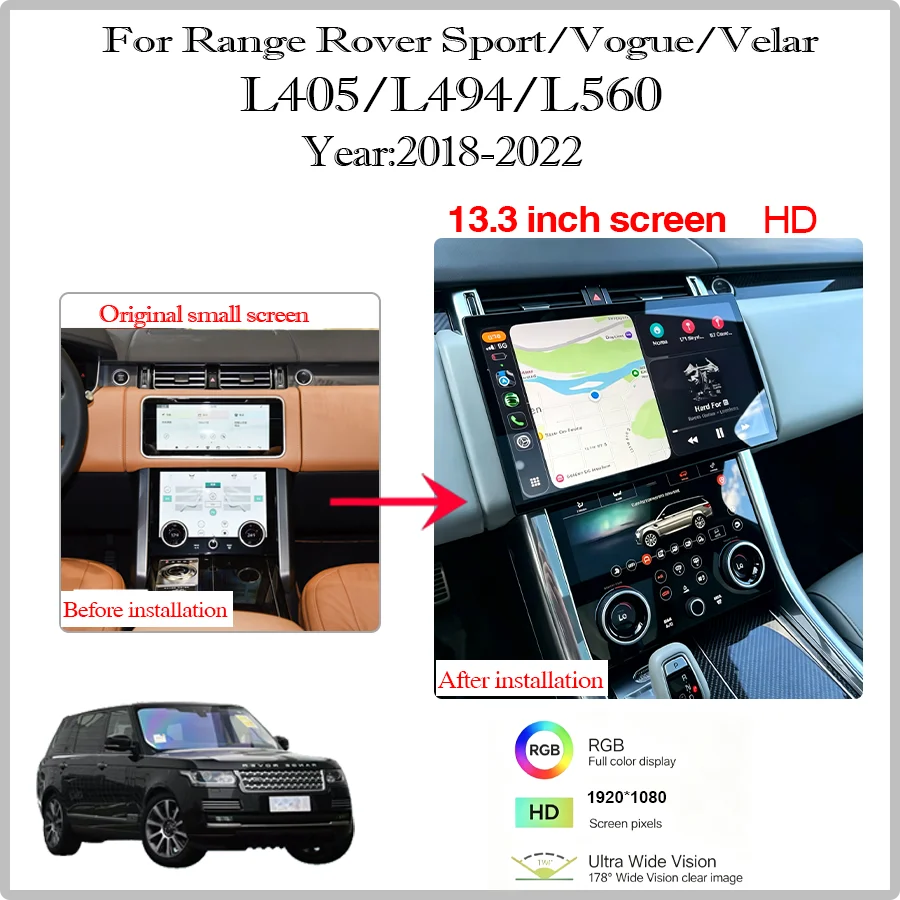 Фото 13,3-дюймовый экран с поддержкой Radio Carplay и 4G, изогнутый экран для Range Rover Vogue Sport Velar L405 L494 L560 2018-2022 годов выпуска, Qualcomm Android 14 №2