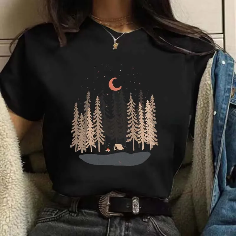 

Новая футболка для кемпинга женская одежда Повседневная стильная модная футболка с принтом с узором Топ Универсальная футболка с коротким рукавом.