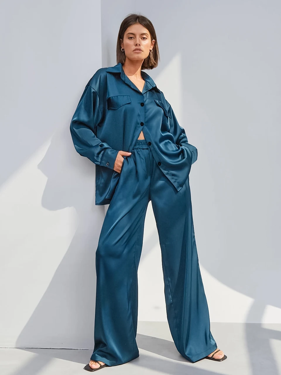 

Linad Solid Color Sleepwear Satin Set Woman 2 Pieces Single Breasted Loungewear Turn Down Collar Trouser Suits Pocket Nightgowns