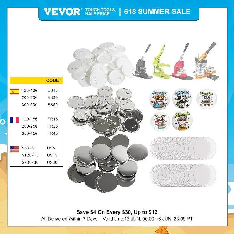 VEVOR 25/32/58/75mm Button Badge Parts Supplies for Button Maker Machine 200/500Sets Metal and Plastic Pin Badges