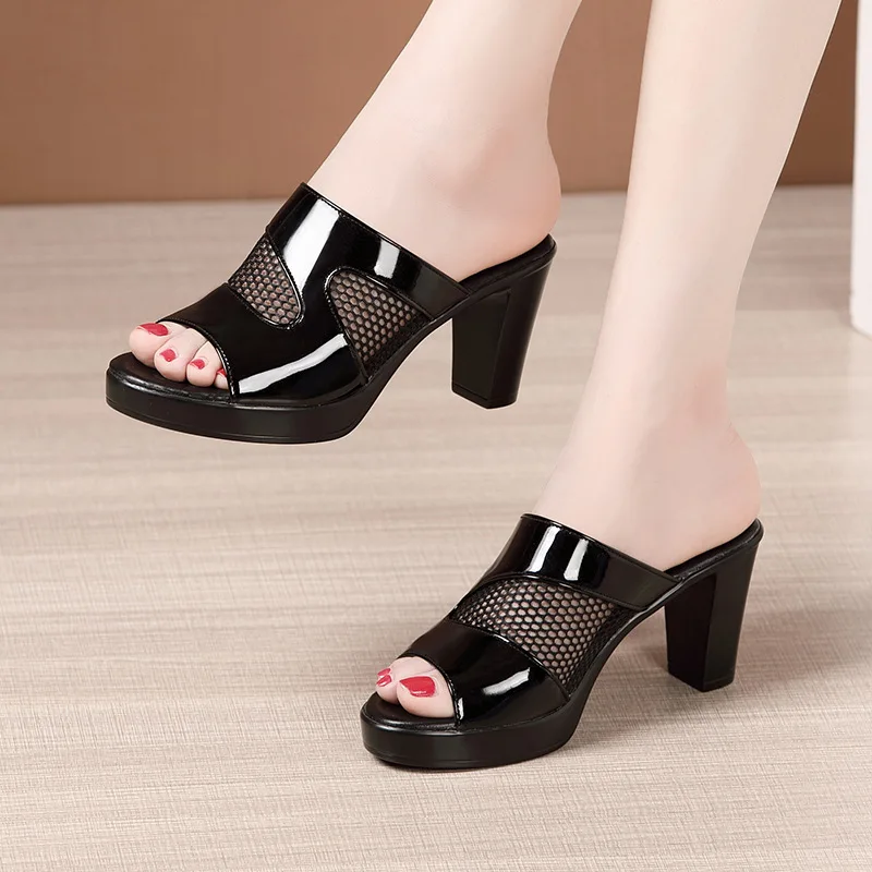 

Ladies Black High Heel Slippers Outer Wear Summer Thick Heel Open Toe Mesh Breathable Fashion Shoes Women's Sandals And Slippers