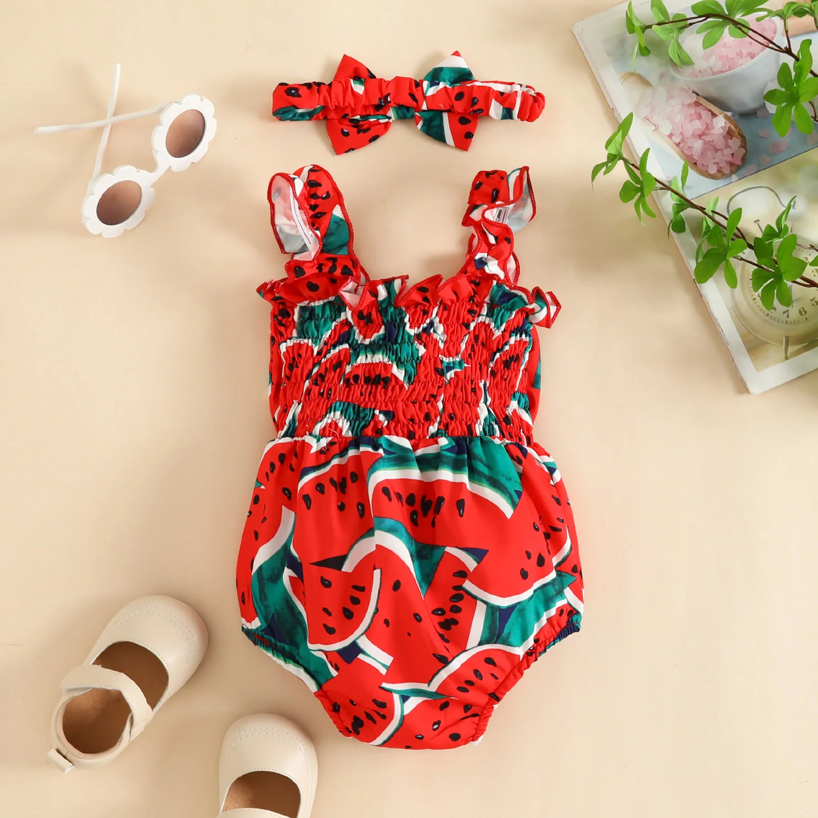 

Infant Baby Girls Bodysuits Watermelon Prints Bowknot Summer Sleeveless Romper+Headbands Sets 0-18 Months Baby Party Clothes