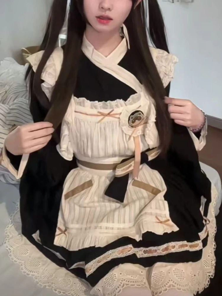 Зимний японский сладкий комплект кружевных платьев JK женский милый лоскутный