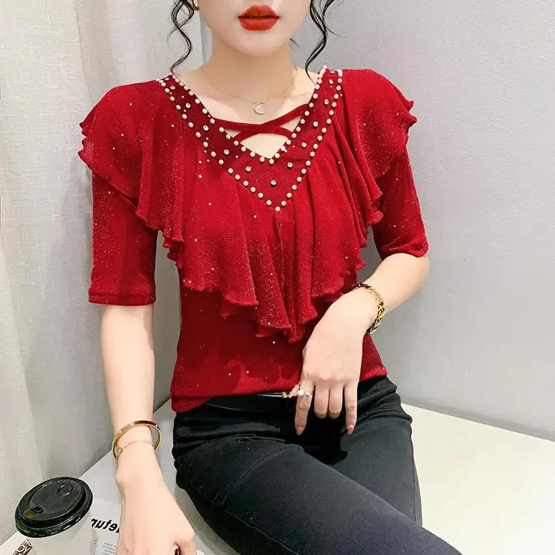 

Summer New Heavy Work Bead Inlaid Diamond Bottom Shirt Women Slim Fit Slim Short Sleeve Ruffled V-Neck T-shirt
