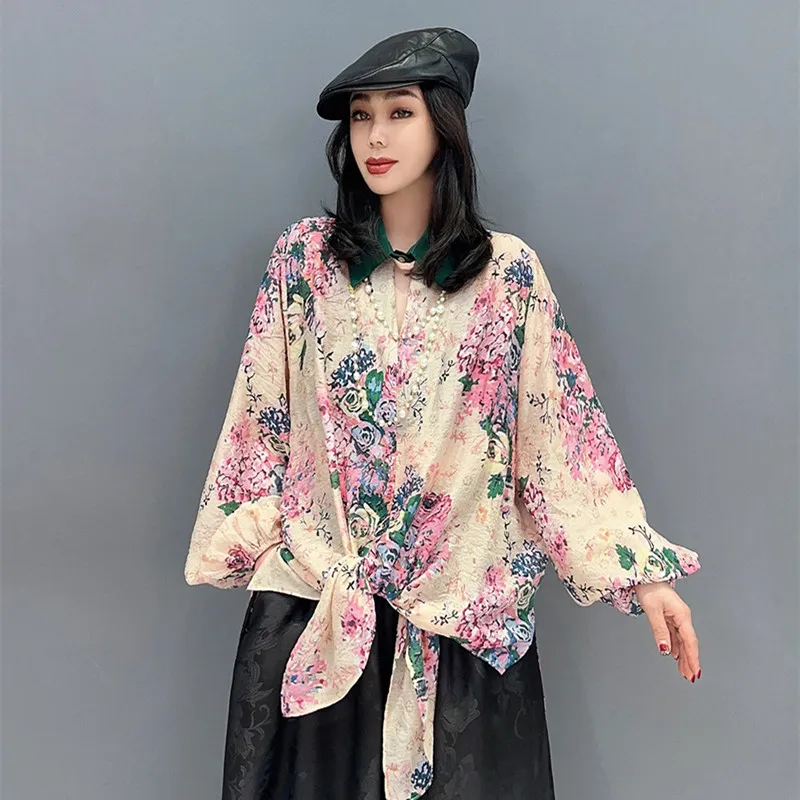 

Элегантная рубашка с цветочным принтом, женская блузка на весну и лето, топы с отложным воротником и длинным рукавом, одежда, Blusa de mujer