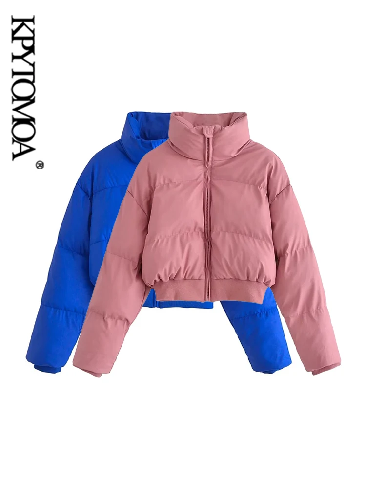 

KPYTOMOA Women Fashion Thick Warm Faux Leather Crop Padded Jacket Coat Vintage Long Sleeve Zipper-up Female Outerwear Chic Tops