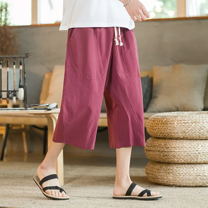 

Summer Hot Sale Large Solid Color Capris For Men Beachwear Chinoiserie Loose Tie Cotton Linen Casual Pant Wide Leg Pants for Men