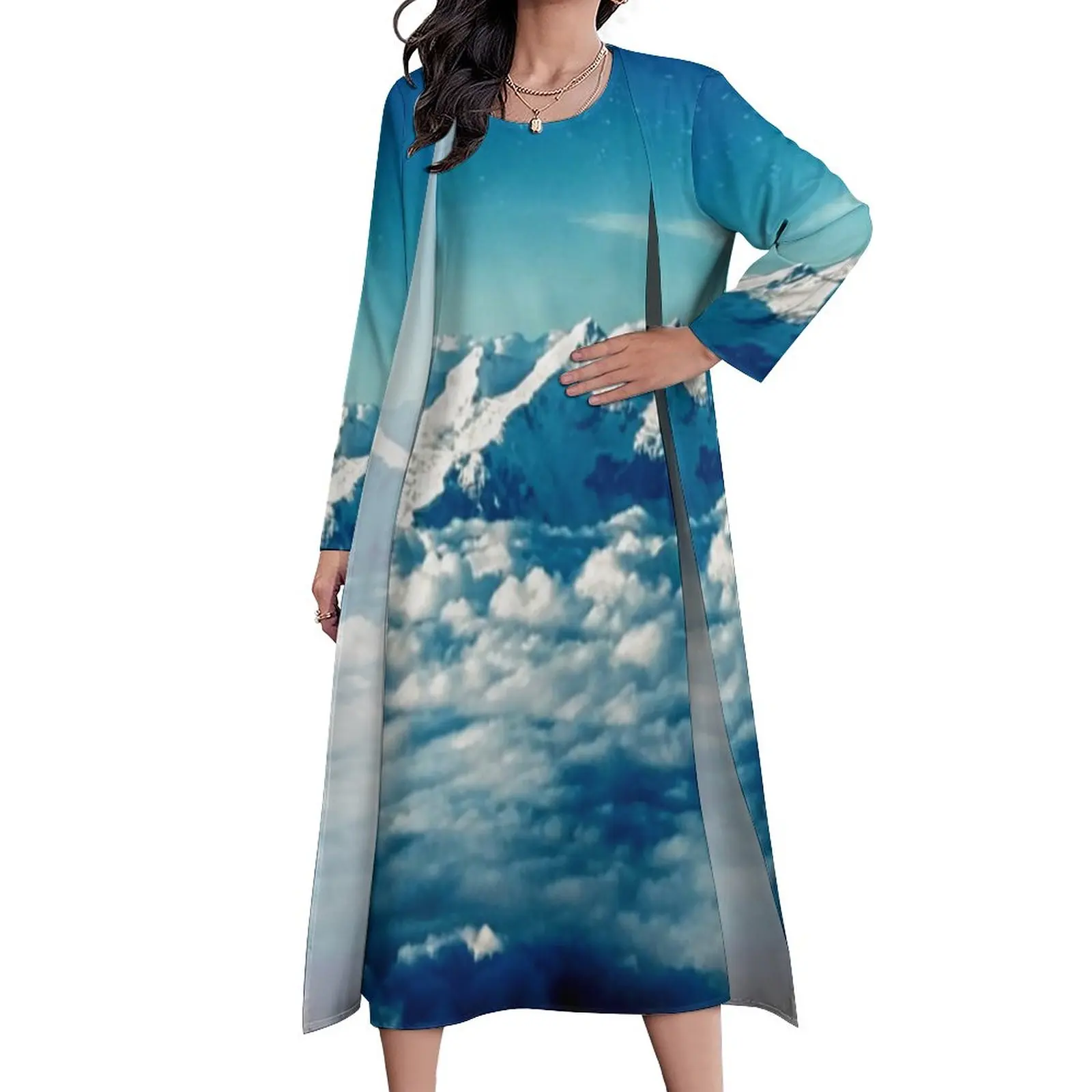 

Платье-макси с рисунком горы Гималаи, милое пляжное длинное в стиле бохо, с принтом голубого неба, уличная одежда из двух предметов, большой размер 5XL