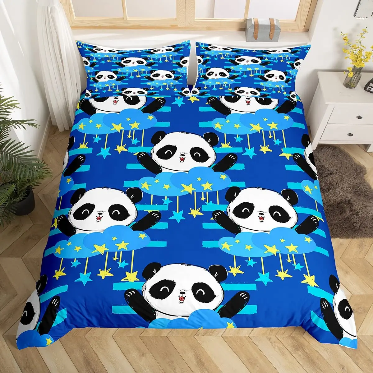 

Panda Duvet Cover Set King Size Black and White Animal Comforter Cover with Pillowcases Starry Sky Blue Ultra Soft Quilt Cover